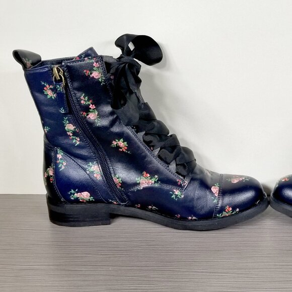 BP Floral Combat Boots with Ribbon Laces, Navy, Womens Size 6.5 - Picture 7 of 13
